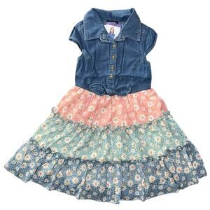 Zunie Girls Denim Daisy Floral Tiered Dress Size XS NWT